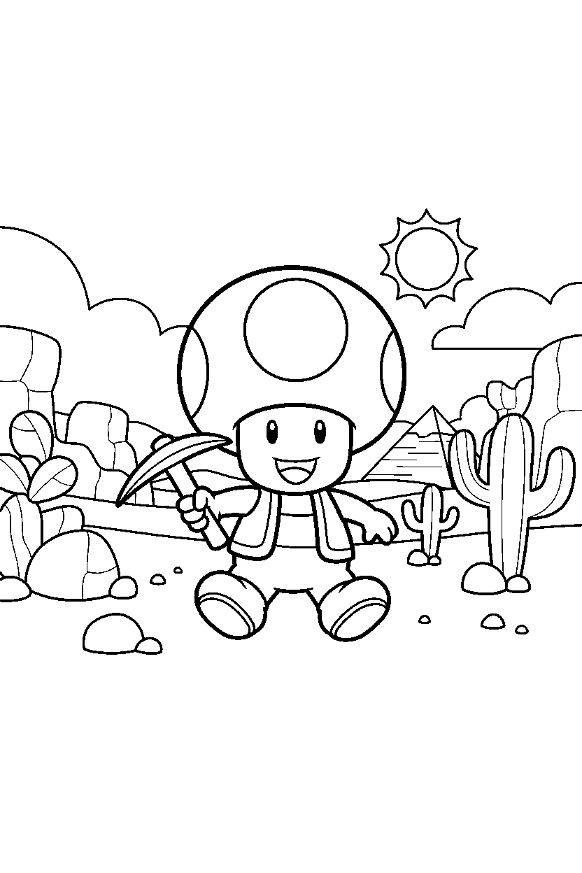 mario toad exploring in desert level line art