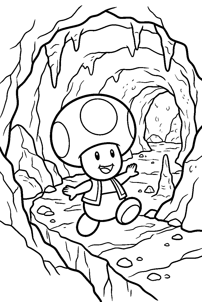 mario toad exploring in underground tunnel line art