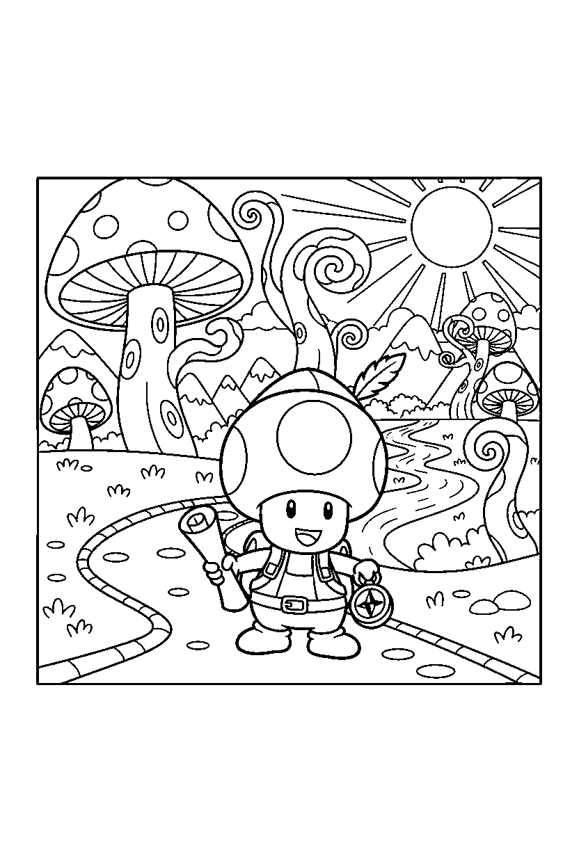mario toad getting ready to explore in a bright adventure land line art