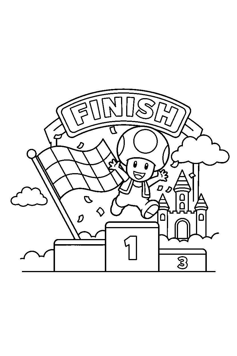 mario toad jumping in finish area line art