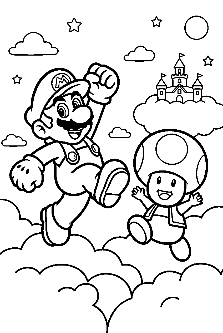 mario toad jumping in sky kingdom line art