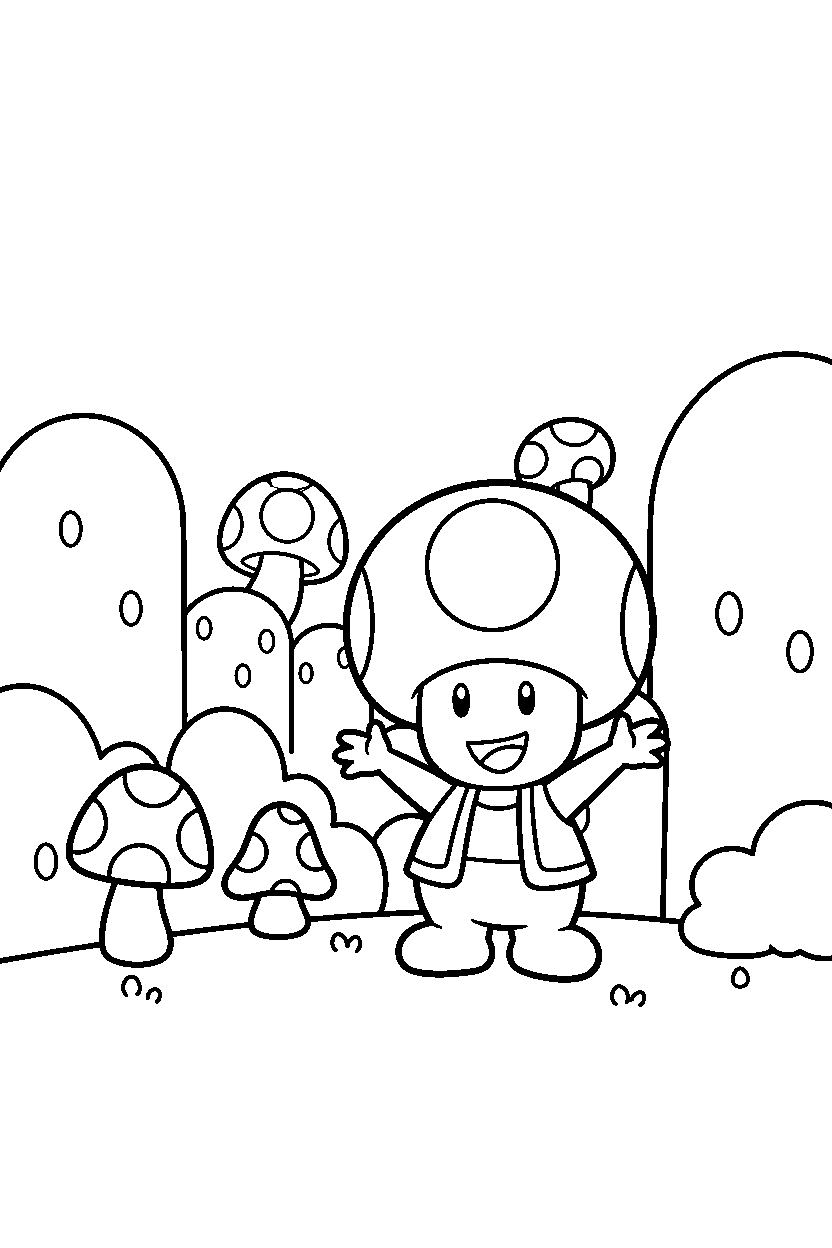 mario toad looking happy in a colorful world line art