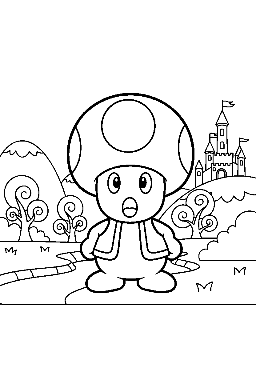 mario toad looking surprised in a fantasy land line art