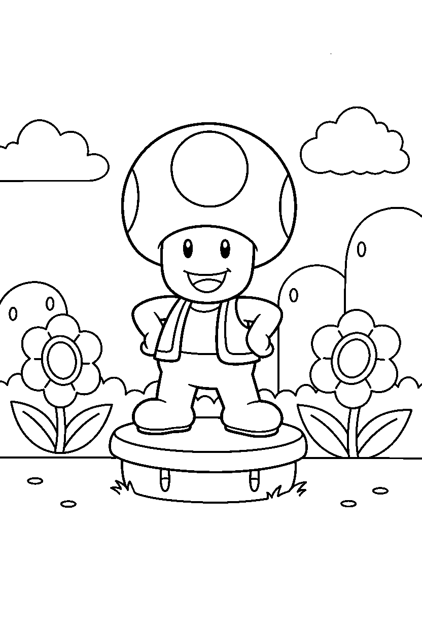 mario toad posing proudly in a colorful world line art
