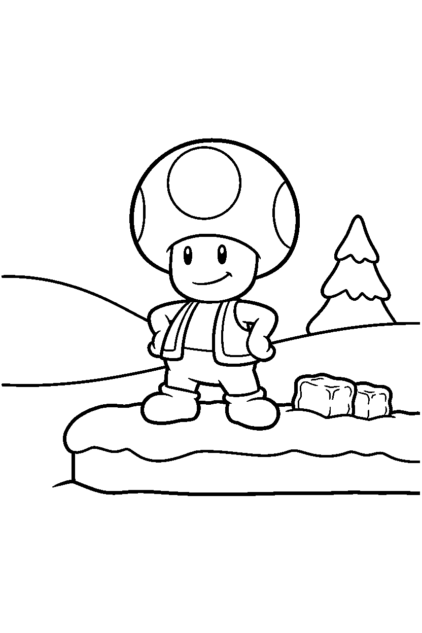 mario toad posing proudly in a snowy level line art