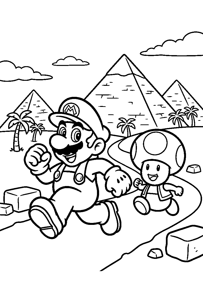 mario toad running in pyramid area line art