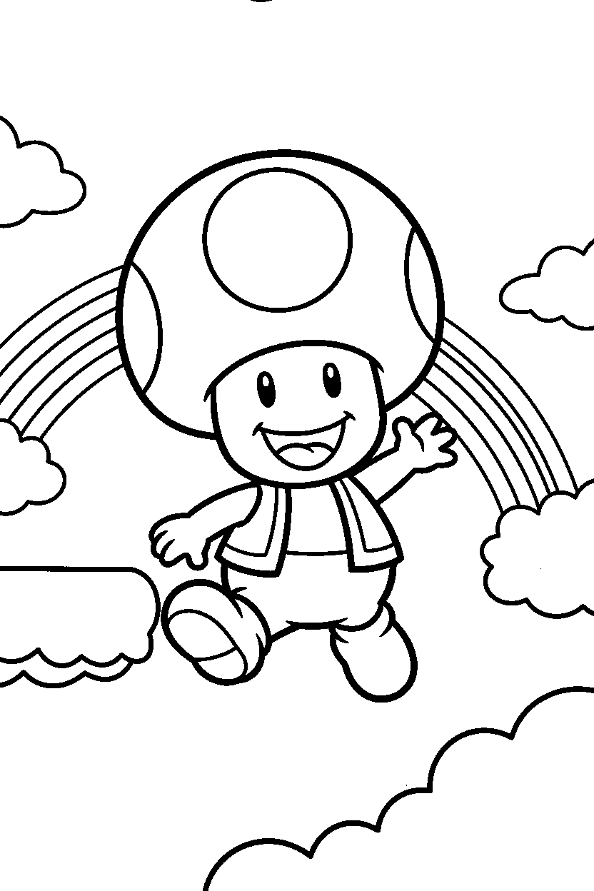 mario toad smiling happily in a sky level line art