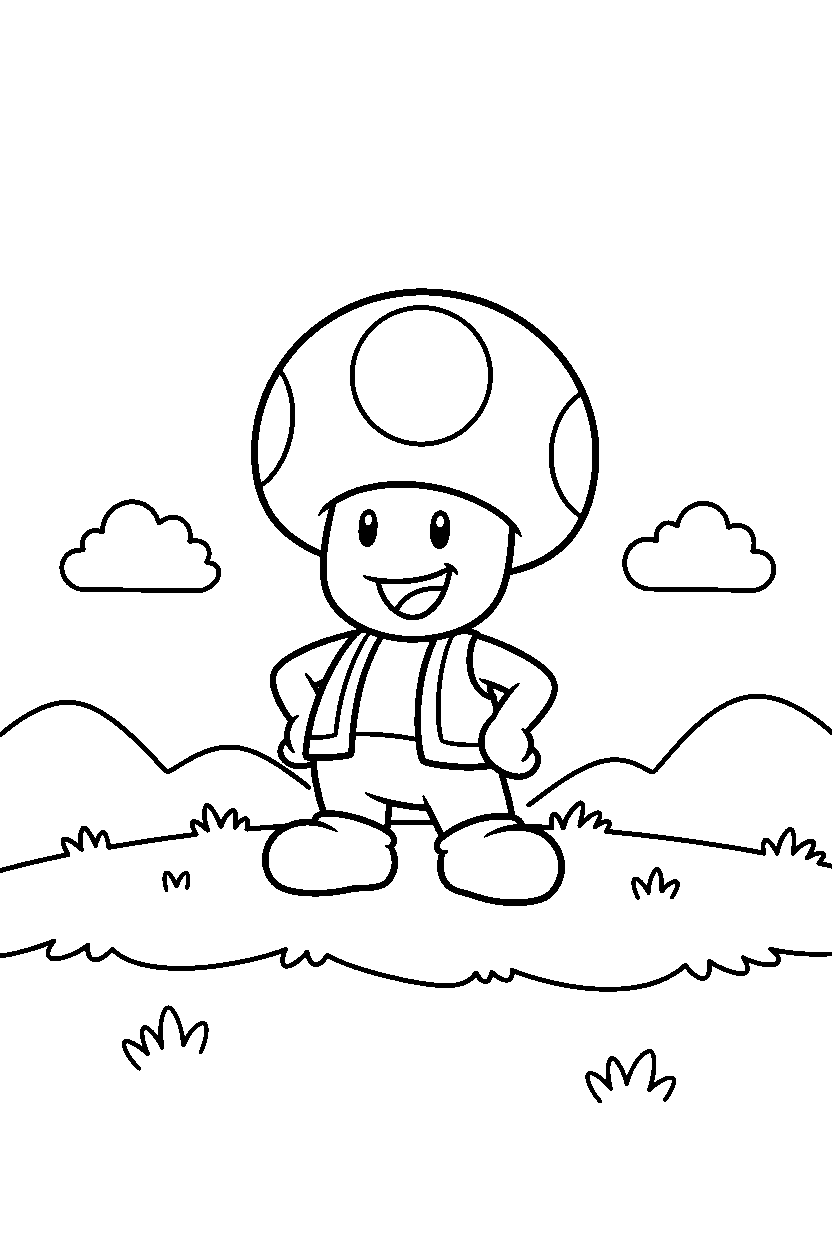 mario toad standing proudly in a grassy level line art