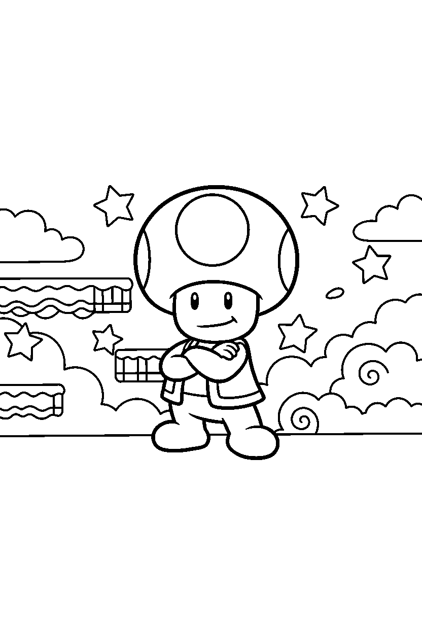 mario toad standing proudly in a sky level line art