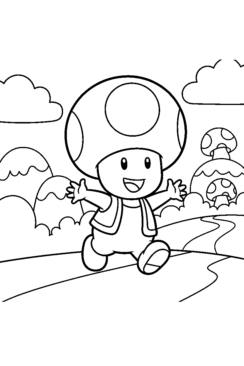 mario toad walking happily in a bright adventure land line art