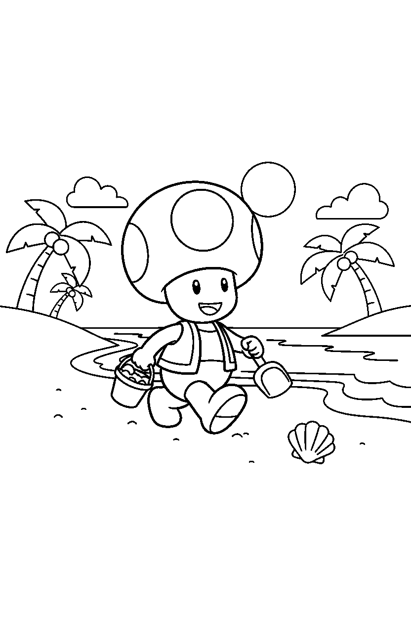 mario toad walking on beach line art