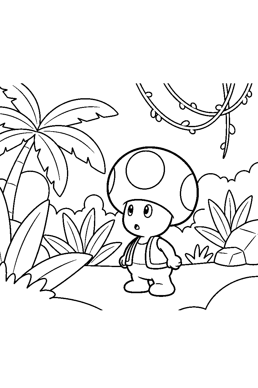 mario toad watching in jungle line art