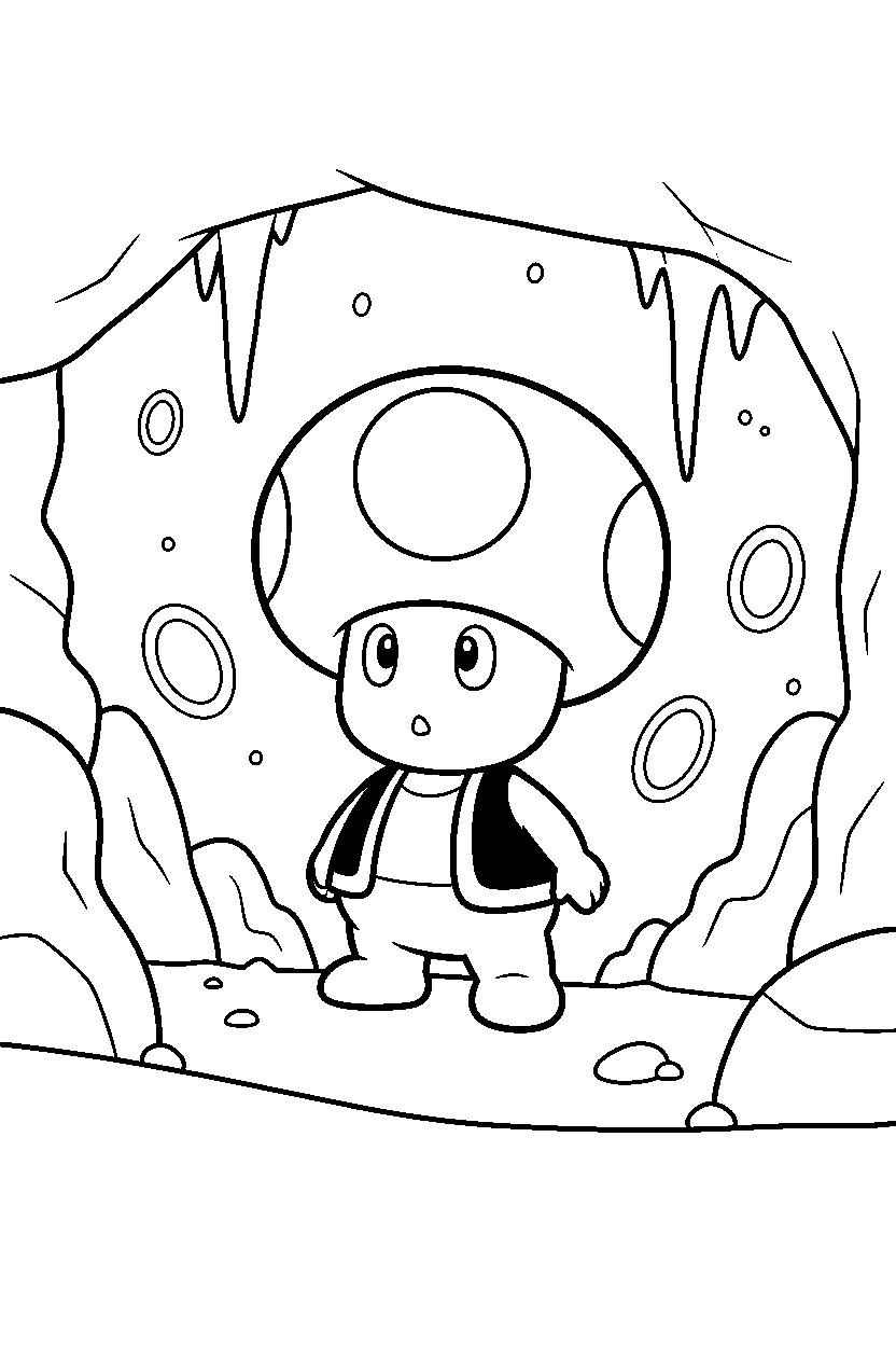 mario toad watching in underground cave line art