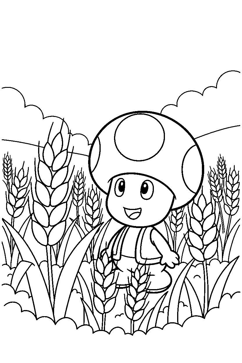 mario toad watching in wheat field line art