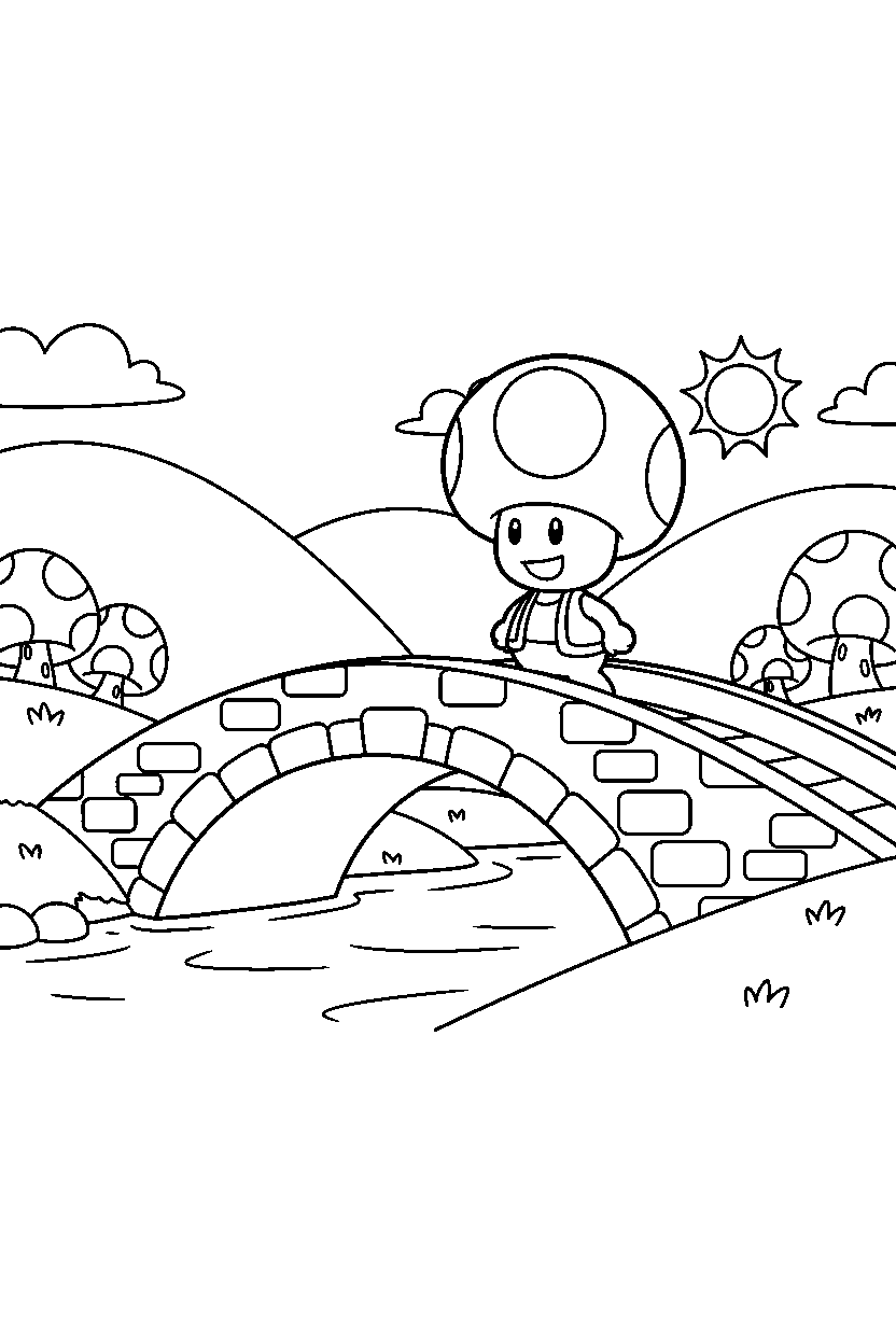mario toad watching on bridge line art