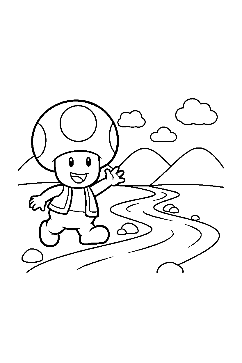mario toad waving by river line art