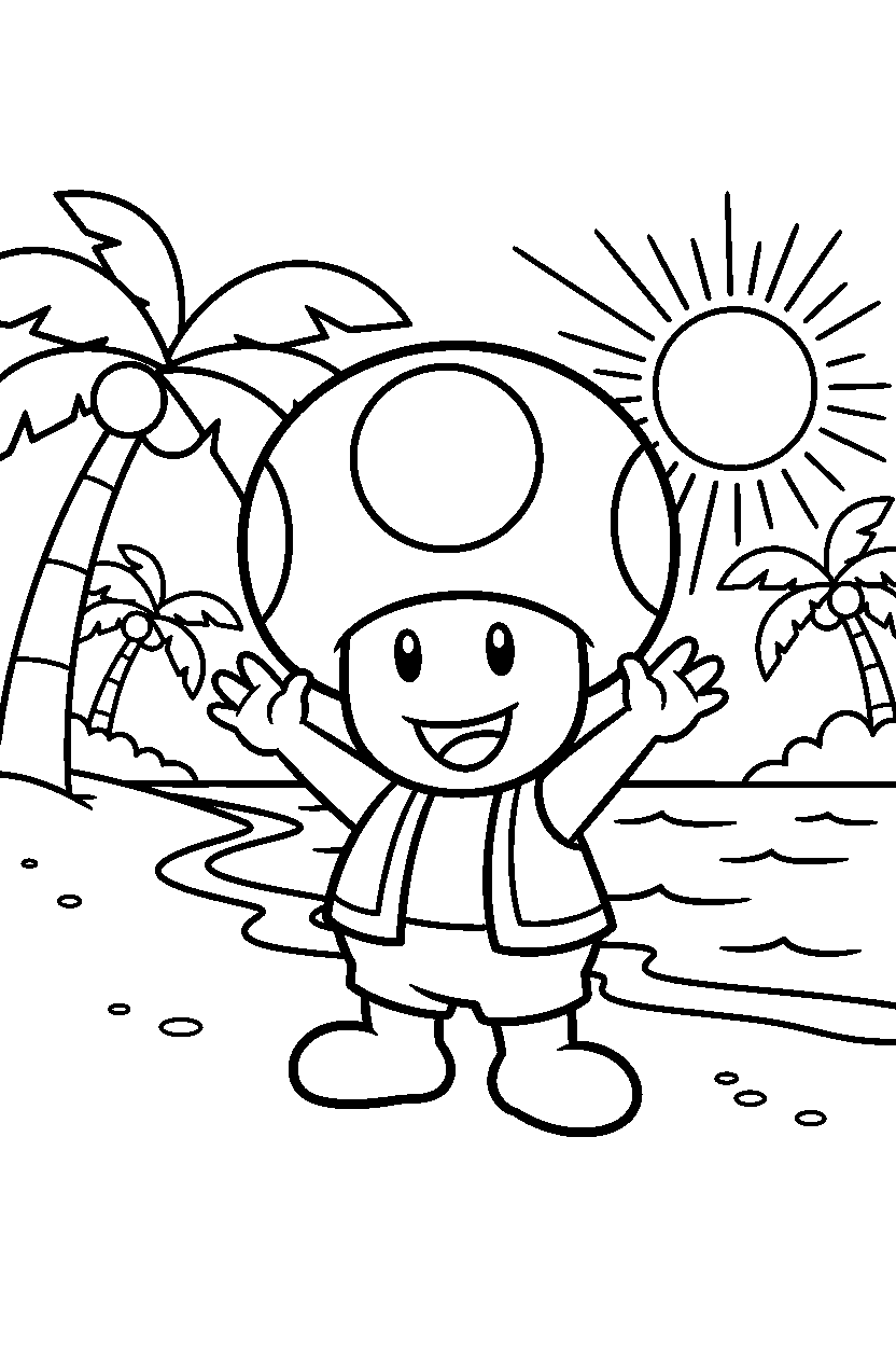 mario toad waving happily in a beach level line art