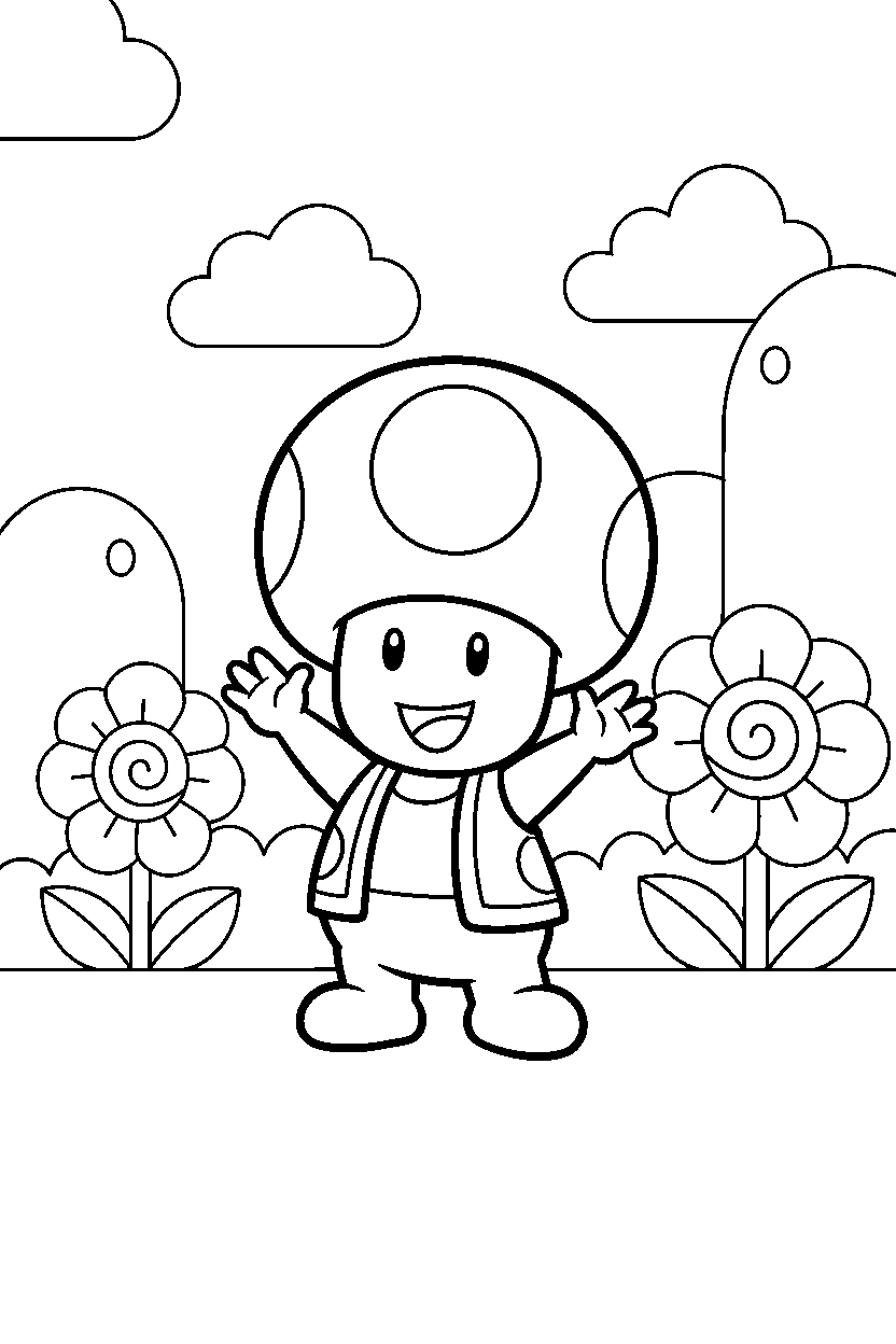 mario toad waving happily in a colorful world line art