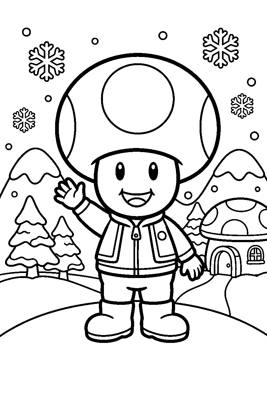 mario toad waving in snow kingdom line art