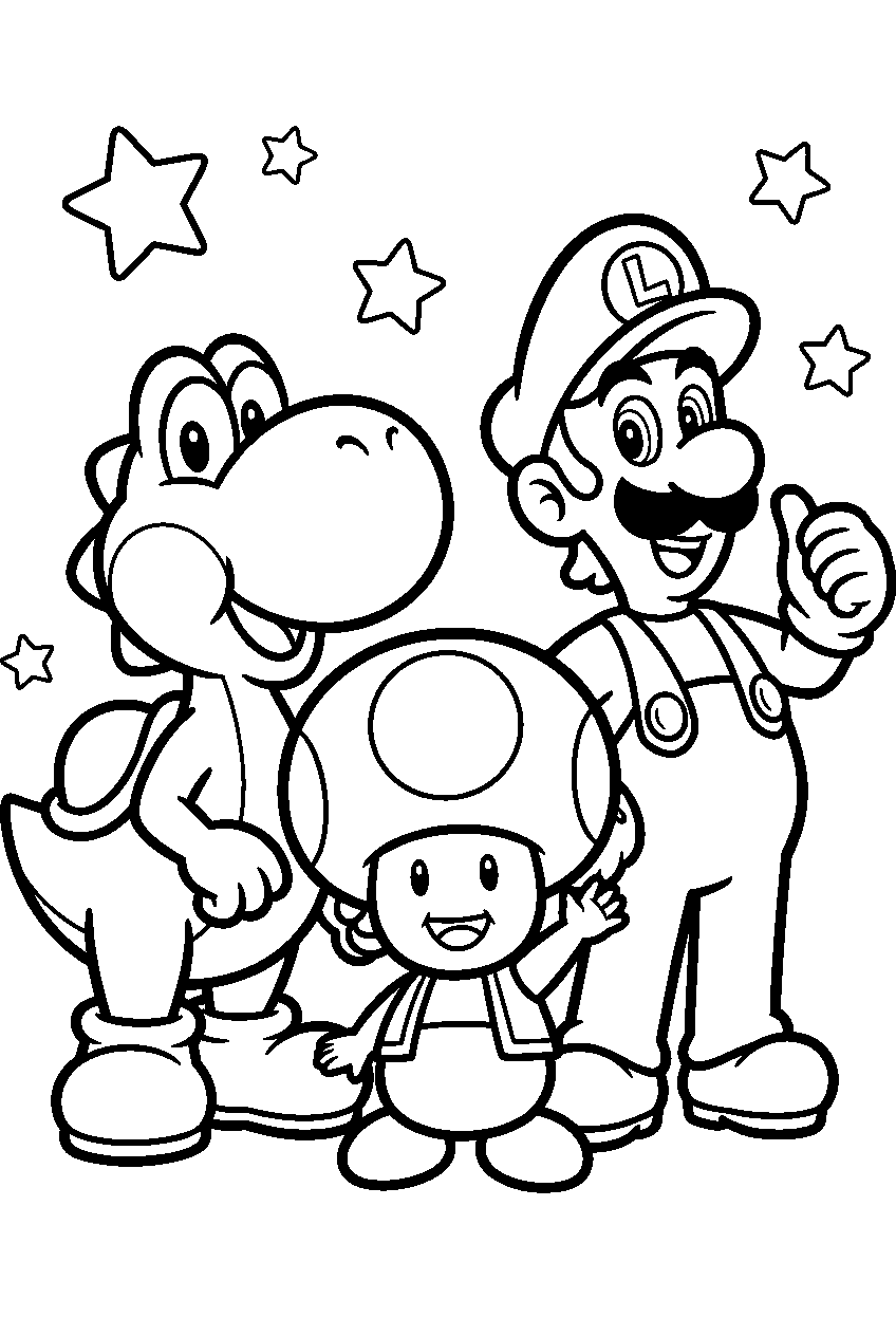 super mario galaxy movie toad with yoshi and luigi line art