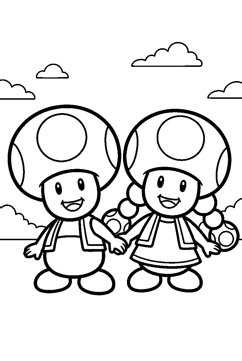 super mario toad and toadette holding hands line art