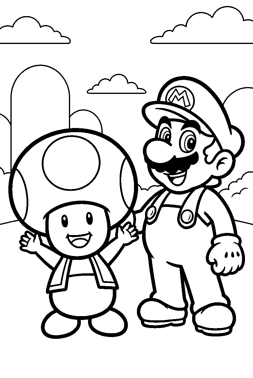 super mario toad cheering for mario line art