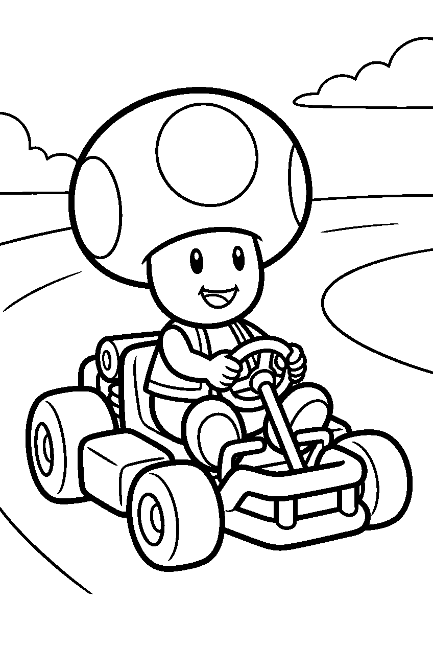 super mario toad driving a go kart line art