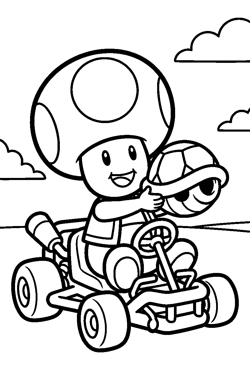 super mario toad driving a kart with a shell line art