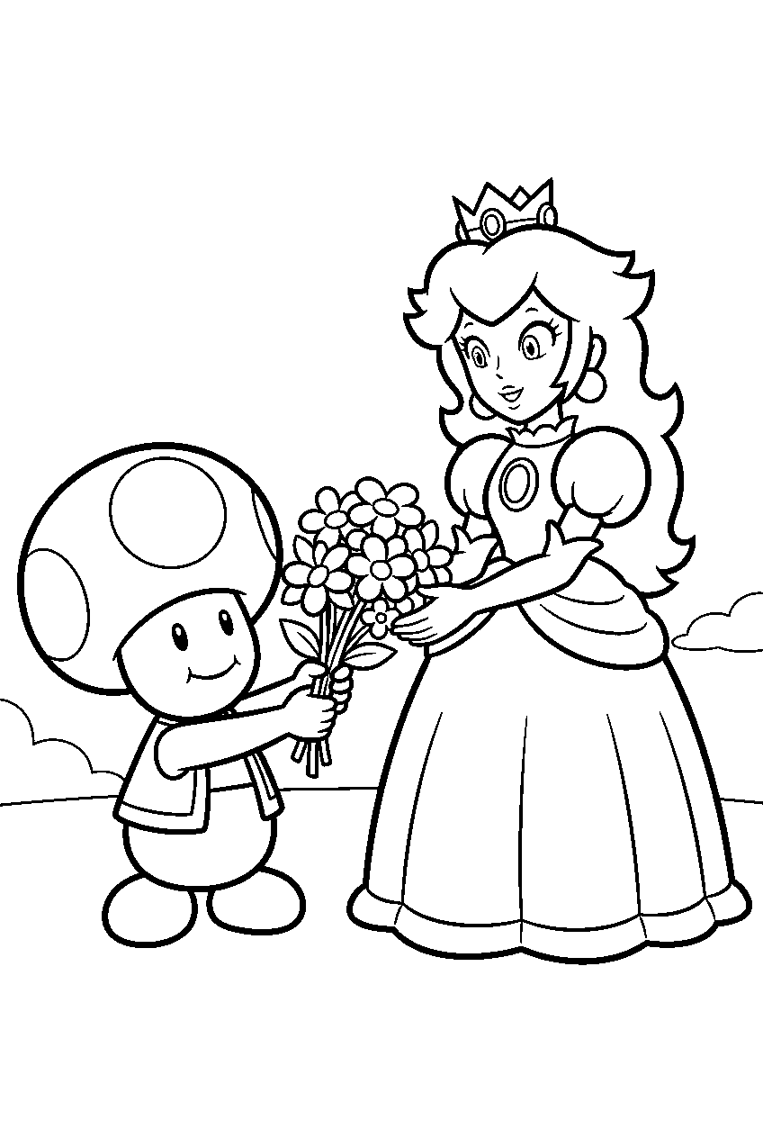 super mario toad giving flowers to princess peach line art