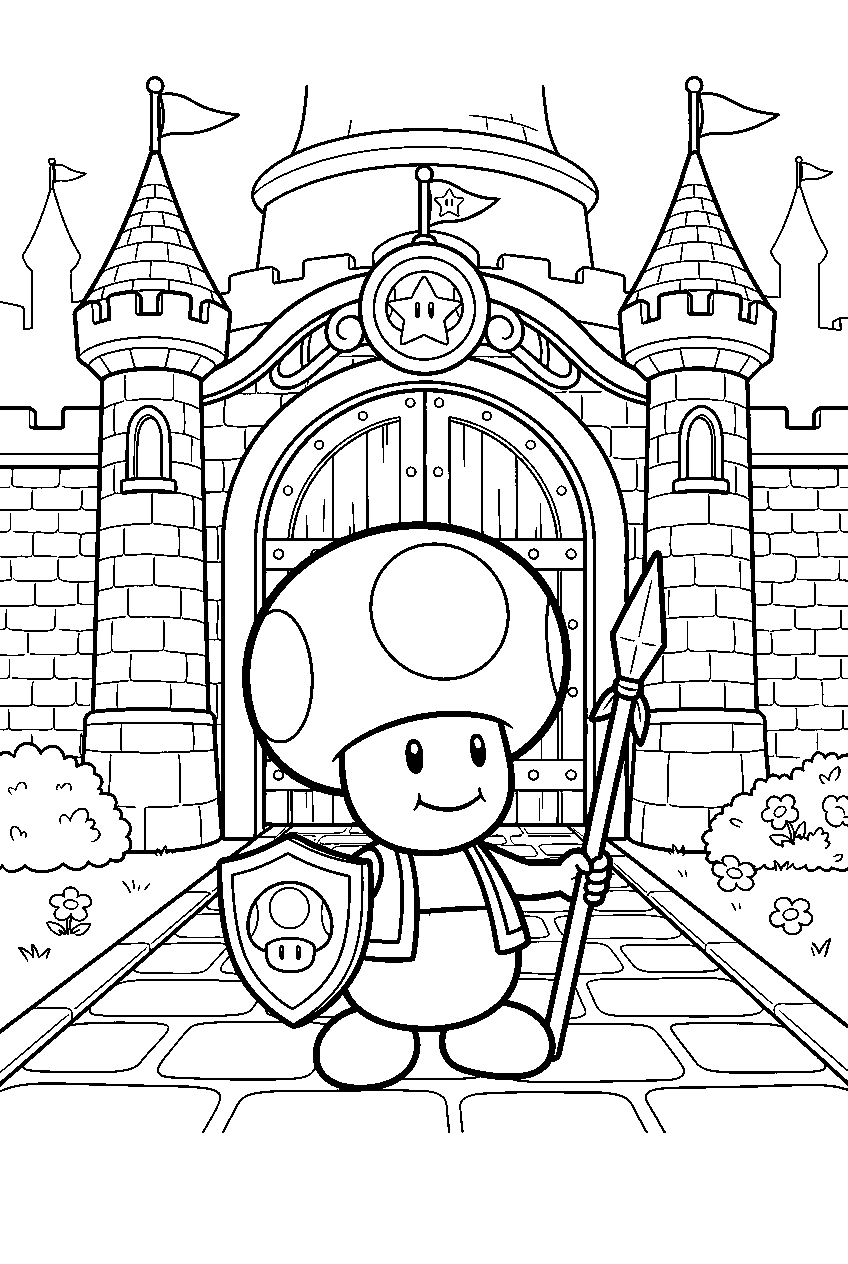 super mario toad guarding peach s castle gates line art