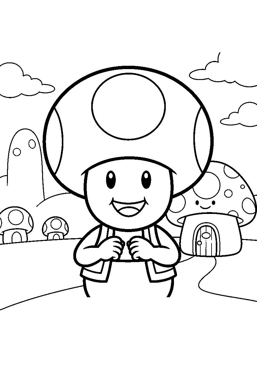 super mario toad in the mushroom kingdom village line art