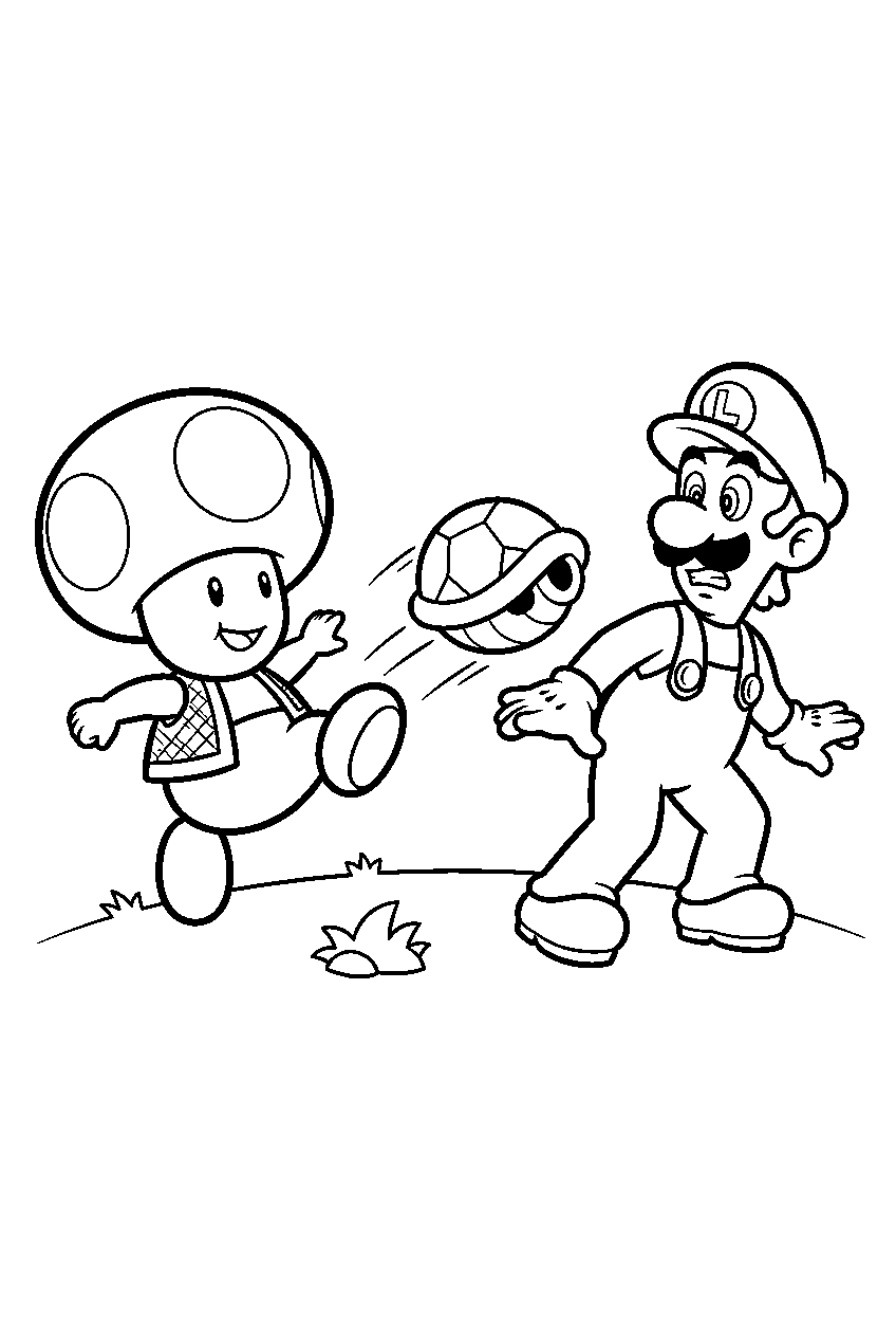 super mario toad kicking a shell at luigi line art