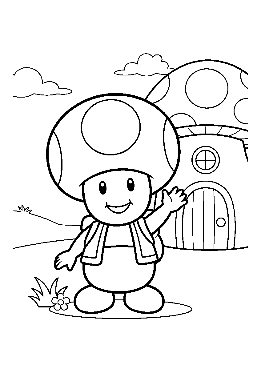 super mario toad outside a mushroom house line art