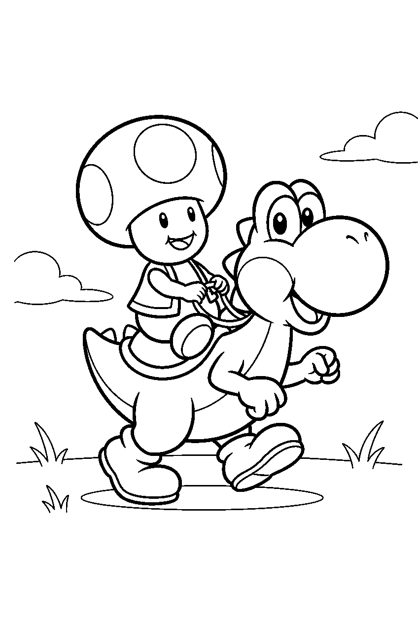 super mario toad riding yoshi line art