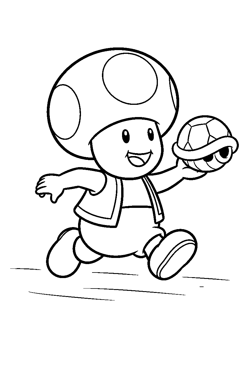 super mario toad running with a red shell line art