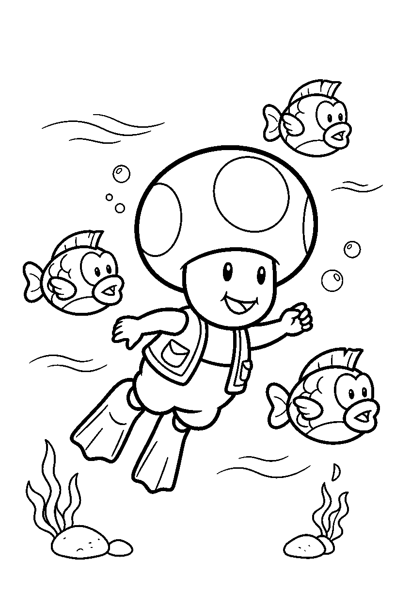 super mario toad swimming with cheep cheeps line art