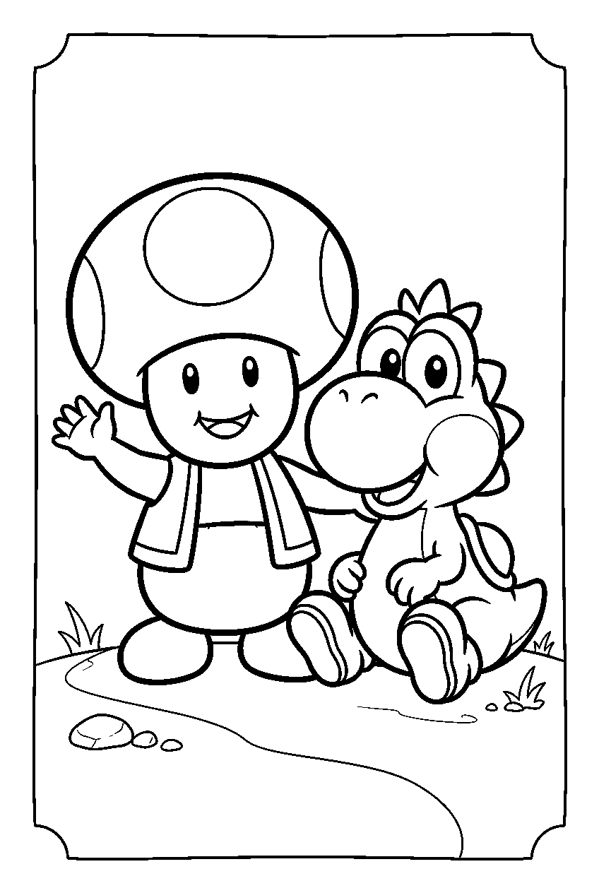 super mario toad with baby yoshi line art