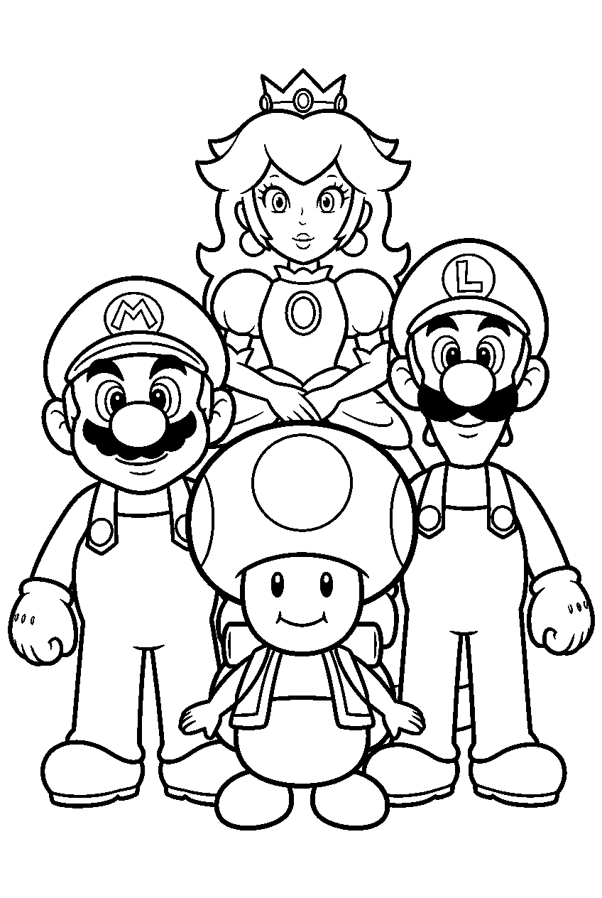 super mario toad with mario luigi and princess peach line art
