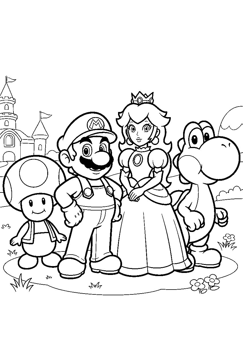super mario toad with mario peach and yoshi line art