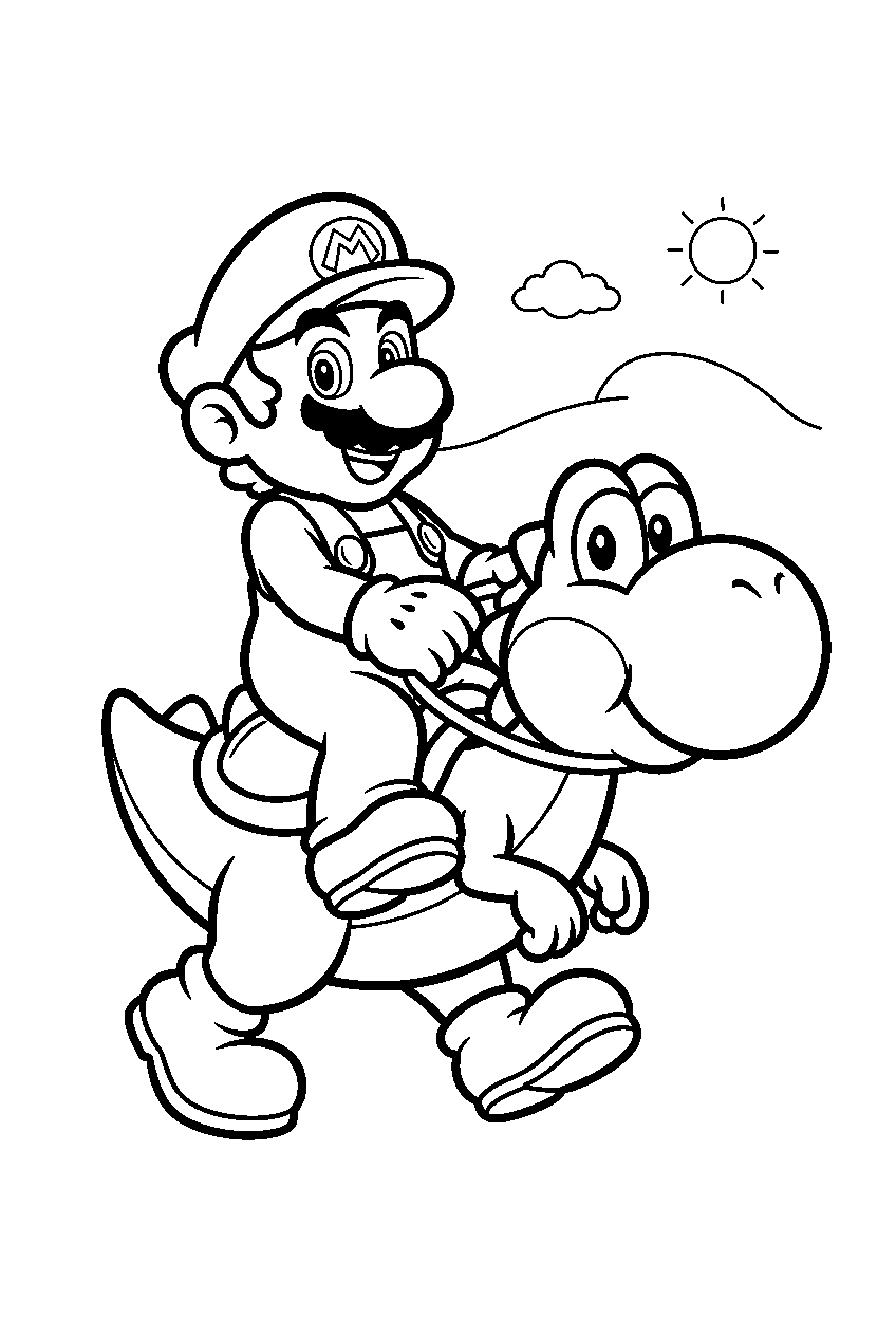 mario riding yoshi line art