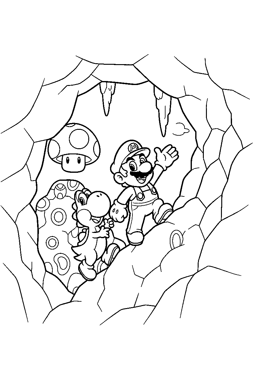 mario yoshi climbing happily in a cave level line art