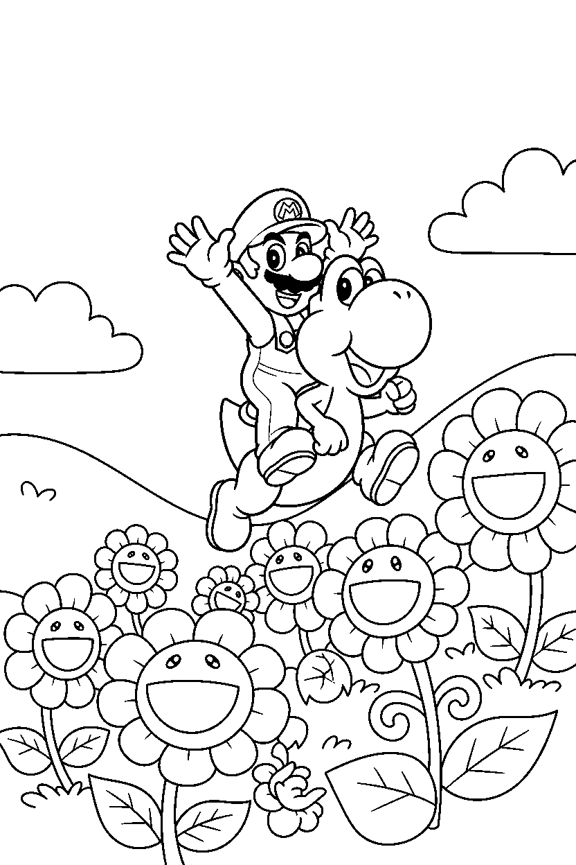 mario yoshi climbing happily in a flower field line art