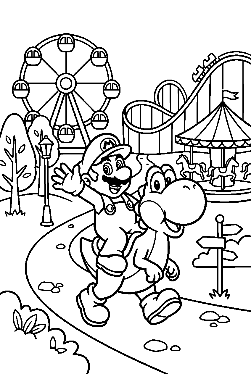 mario yoshi exploring in amusement park line art