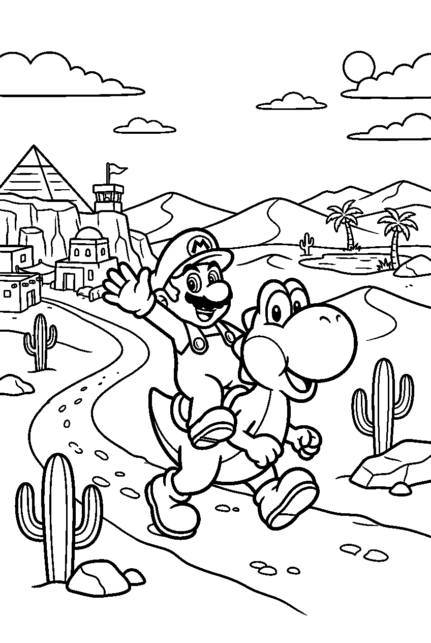 mario yoshi exploring in desert kingdom line art