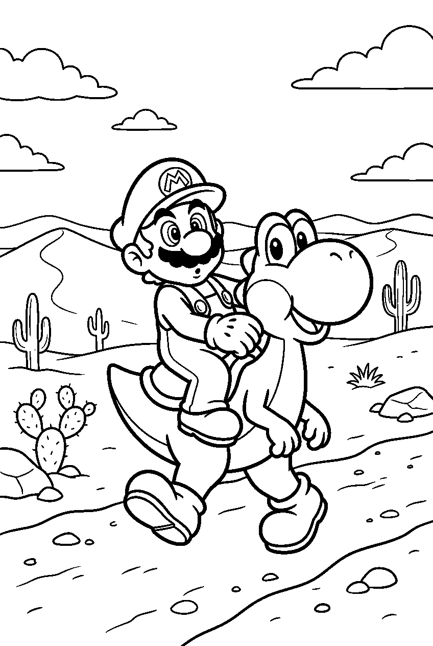 mario yoshi looking around in sandy desert line art