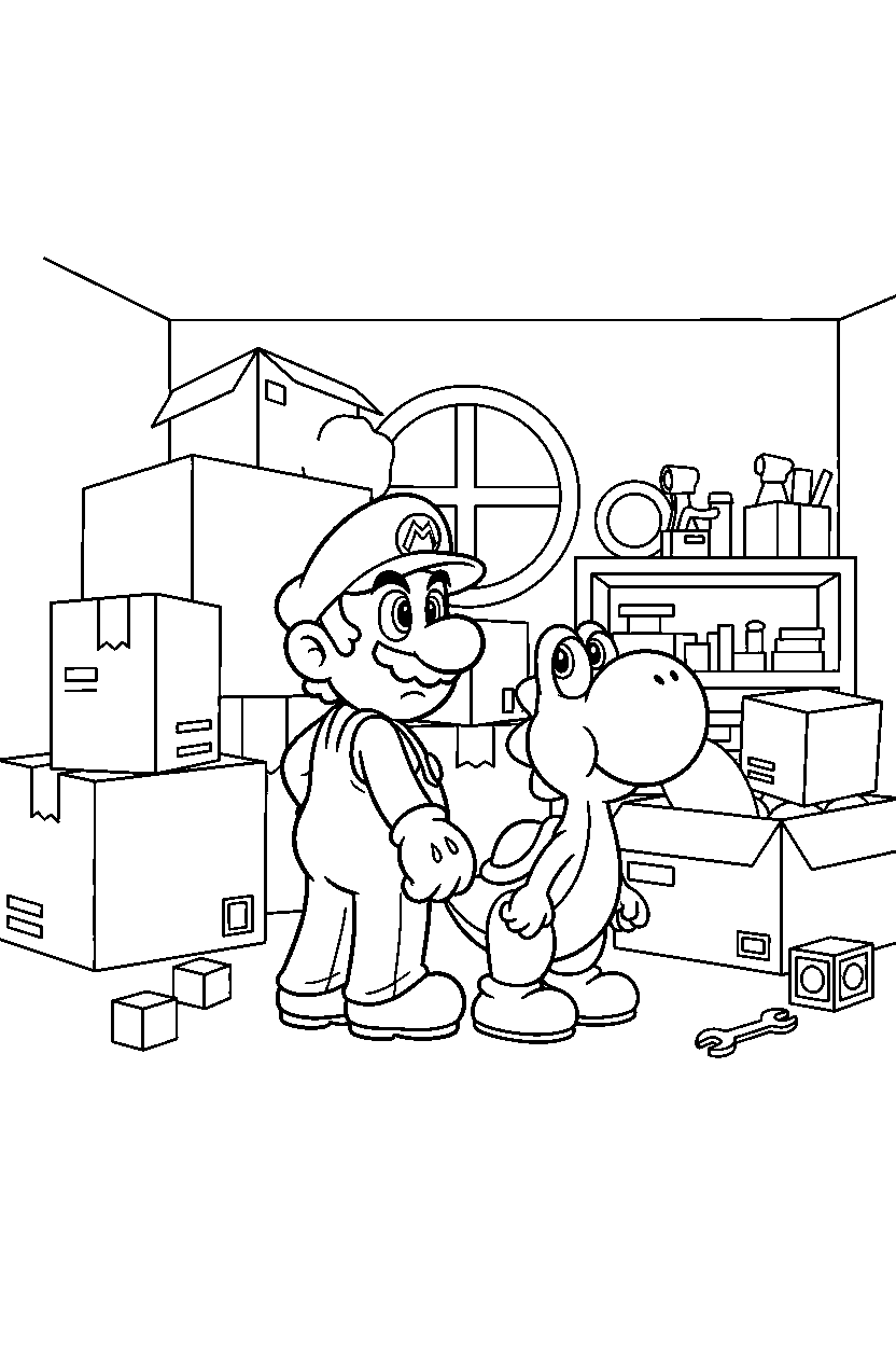 mario yoshi looking around in storage room line art