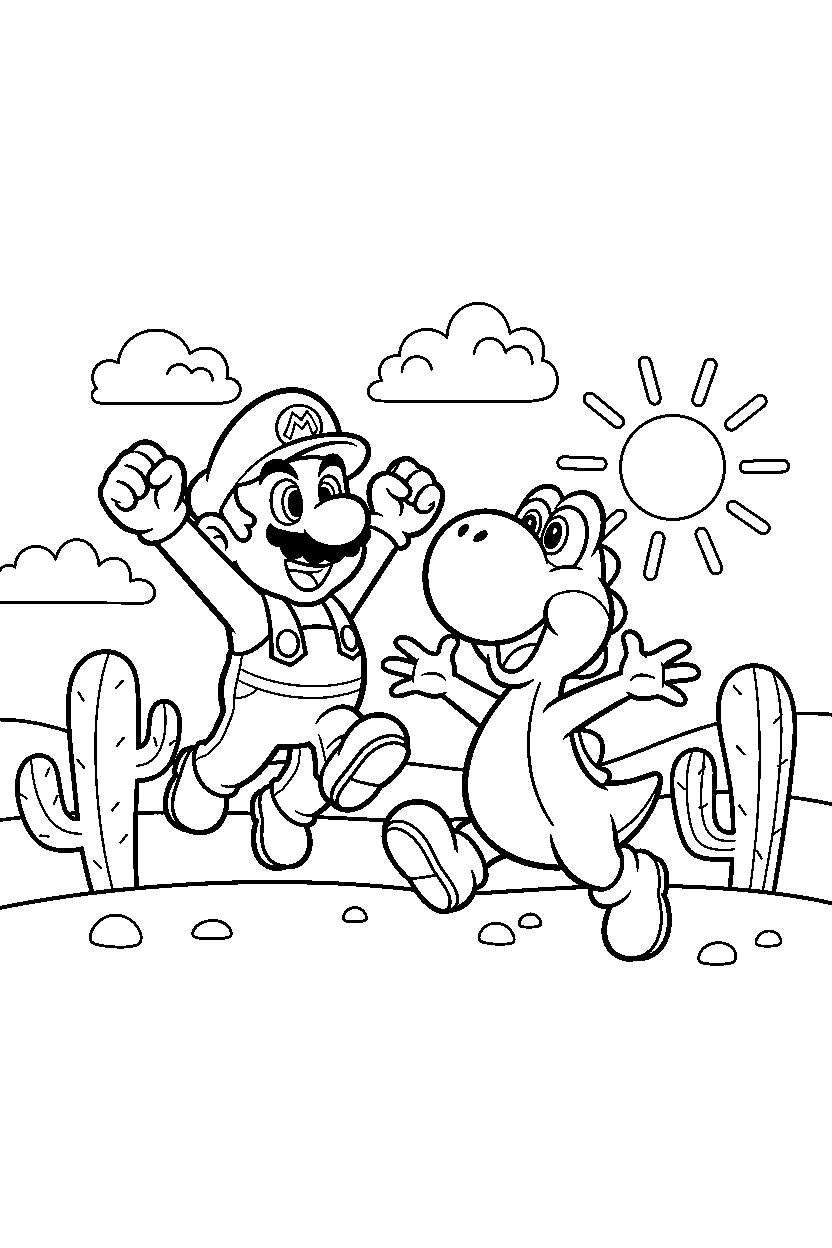 mario yoshi looking excited in a desert level line art