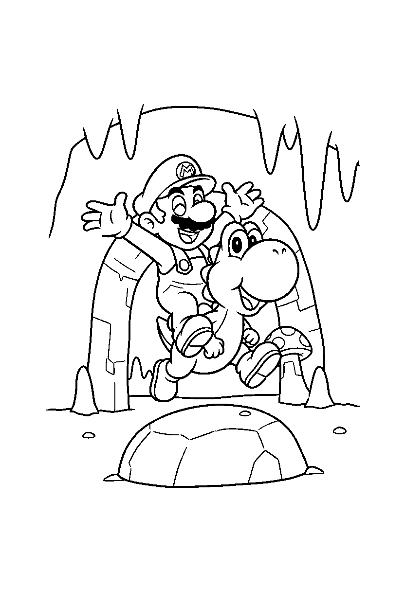 mario yoshi playing happily in a cave level line art