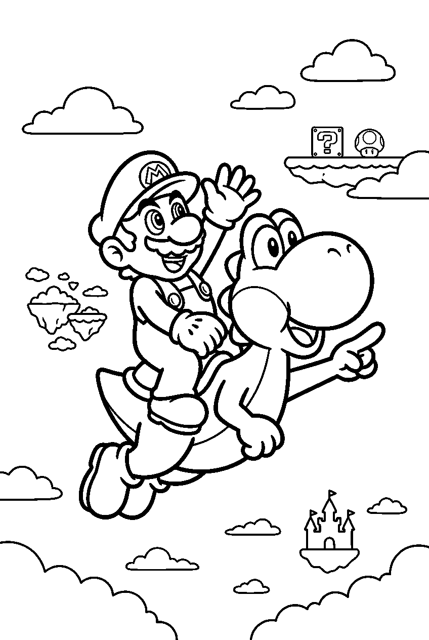 mario yoshi pointing in sky kingdom line art