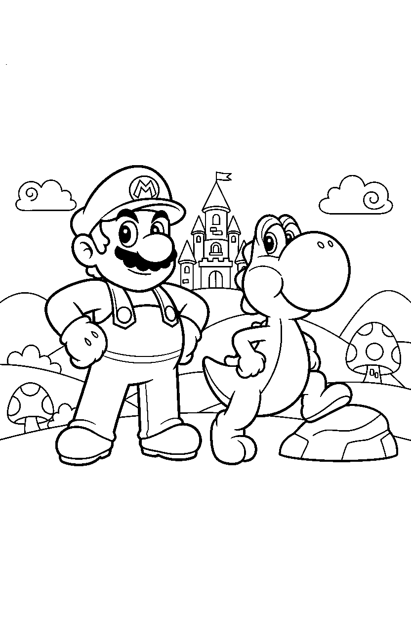 mario yoshi posing proudly in a fantasy land line art